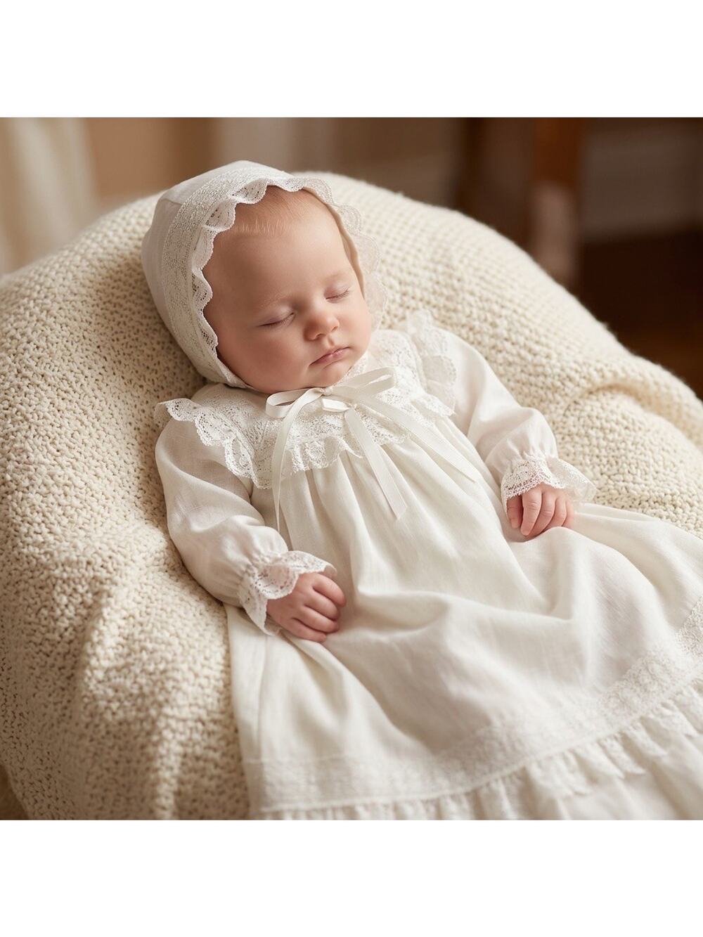 Vintage Christening Gown Bonnet Set White Lace Baby Baptism Dress Heirloom
